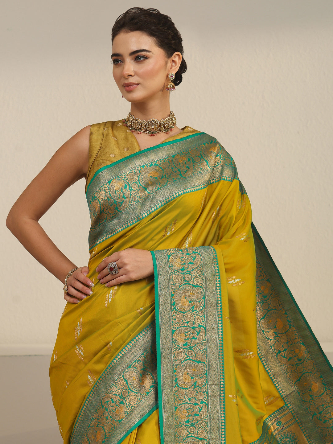  Libas Mustard and Green Silk Blend Paithani Saree 