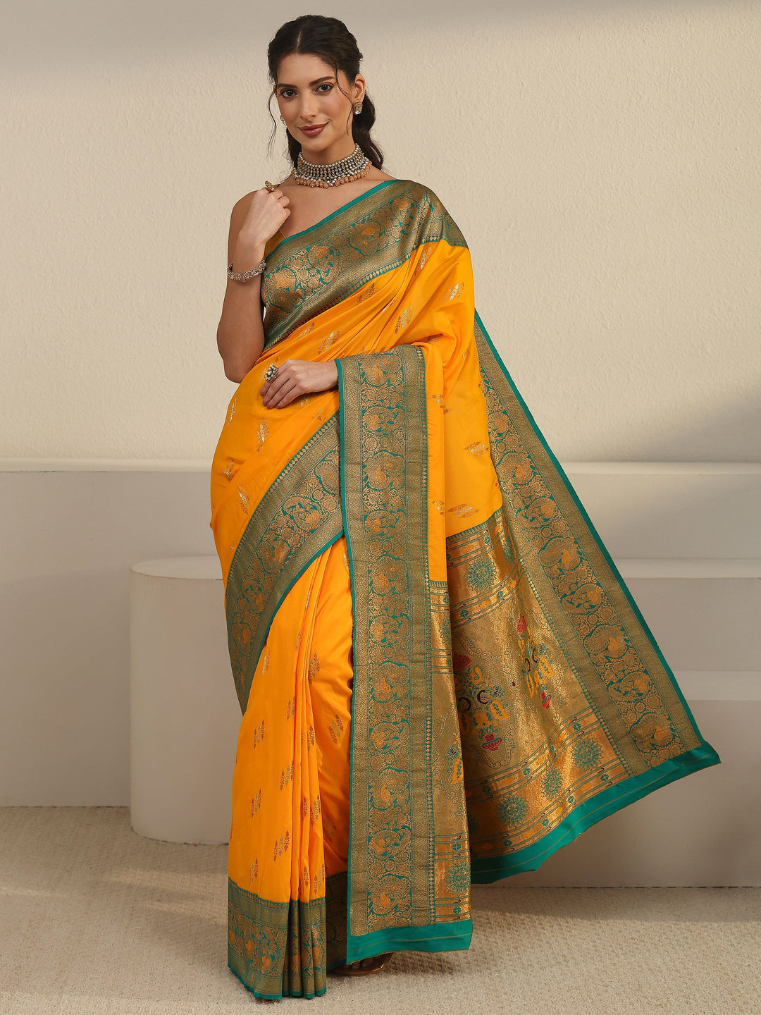  Libas Haldi Yellow and Green Silk Blend Paithani Saree 