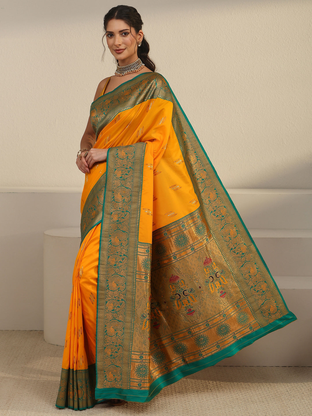  Libas Haldi Yellow and Green Silk Blend Paithani Saree 