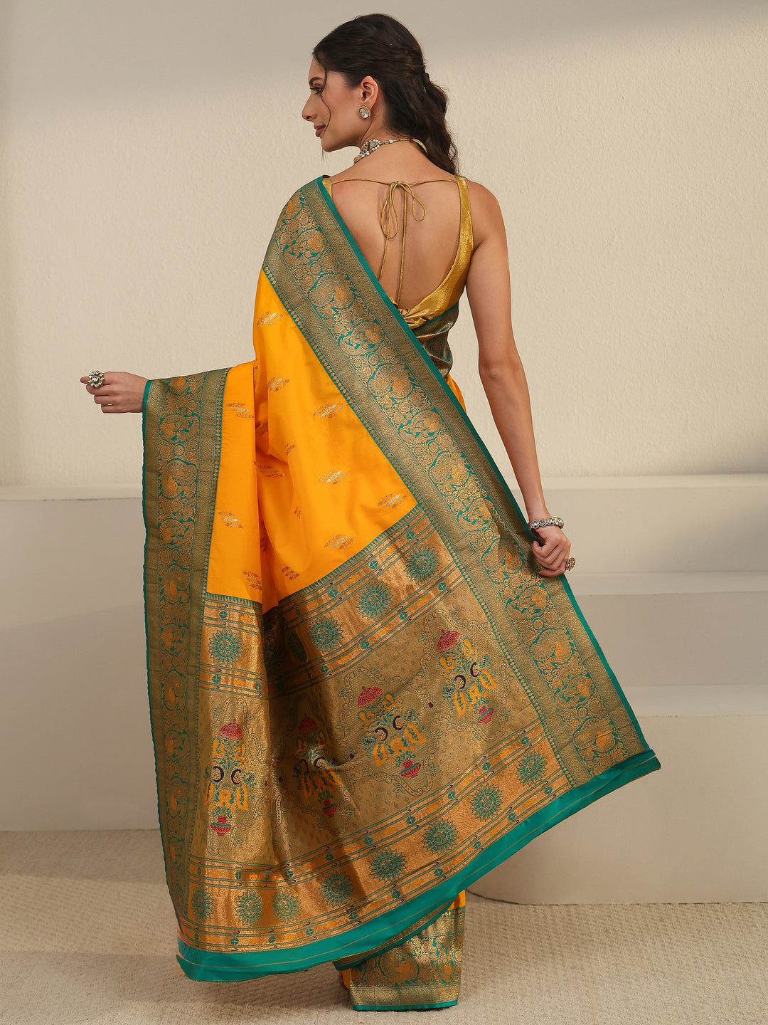  Libas Haldi Yellow and Green Silk Blend Paithani Saree 