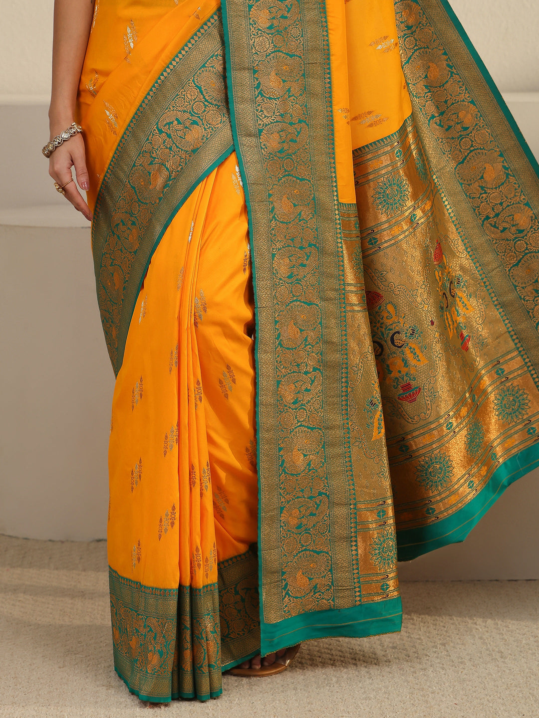  Libas Haldi Yellow and Green Silk Blend Paithani Saree 