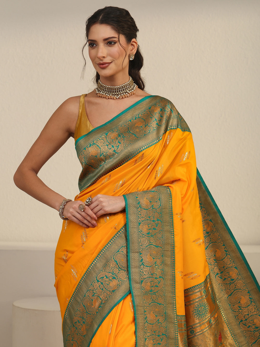  Libas Haldi Yellow and Green Silk Blend Paithani Saree 