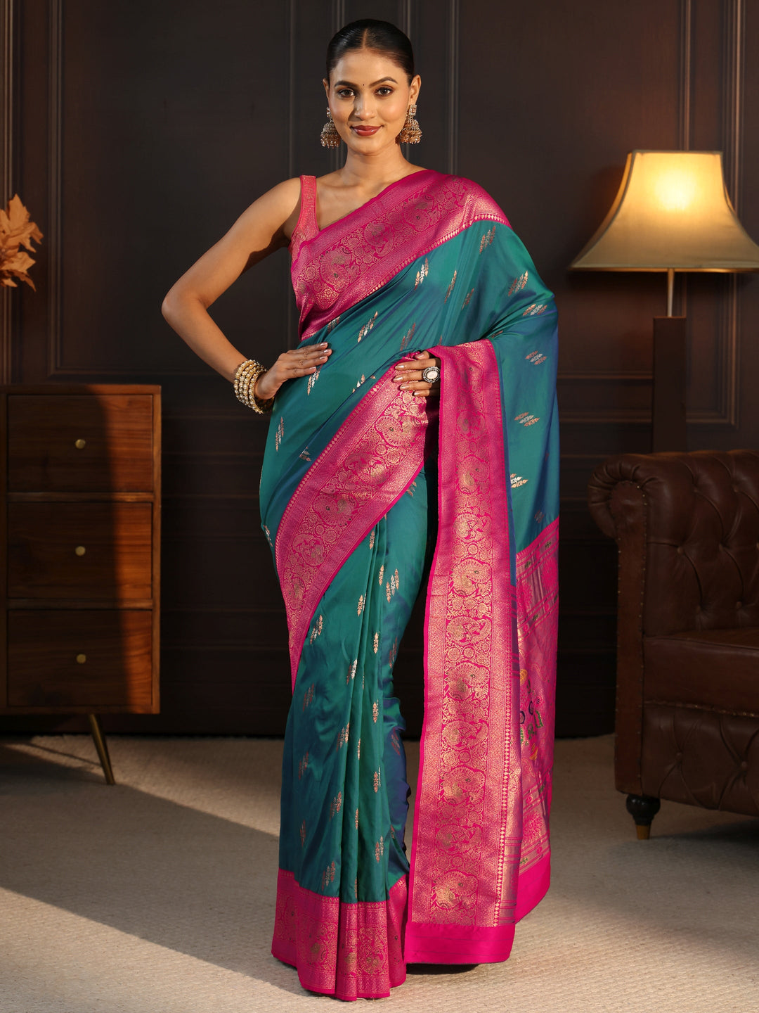  Libas Teal Blue and Pink Silk Blend Paithani Saree 