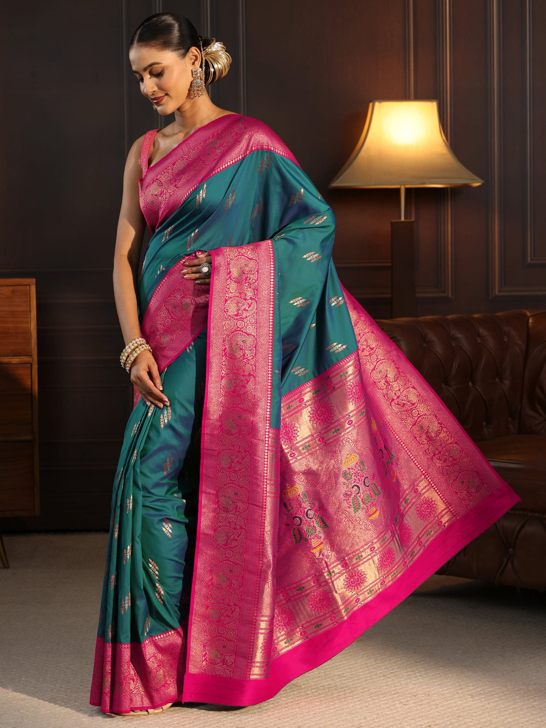  Libas Teal Blue and Pink Silk Blend Paithani Saree 