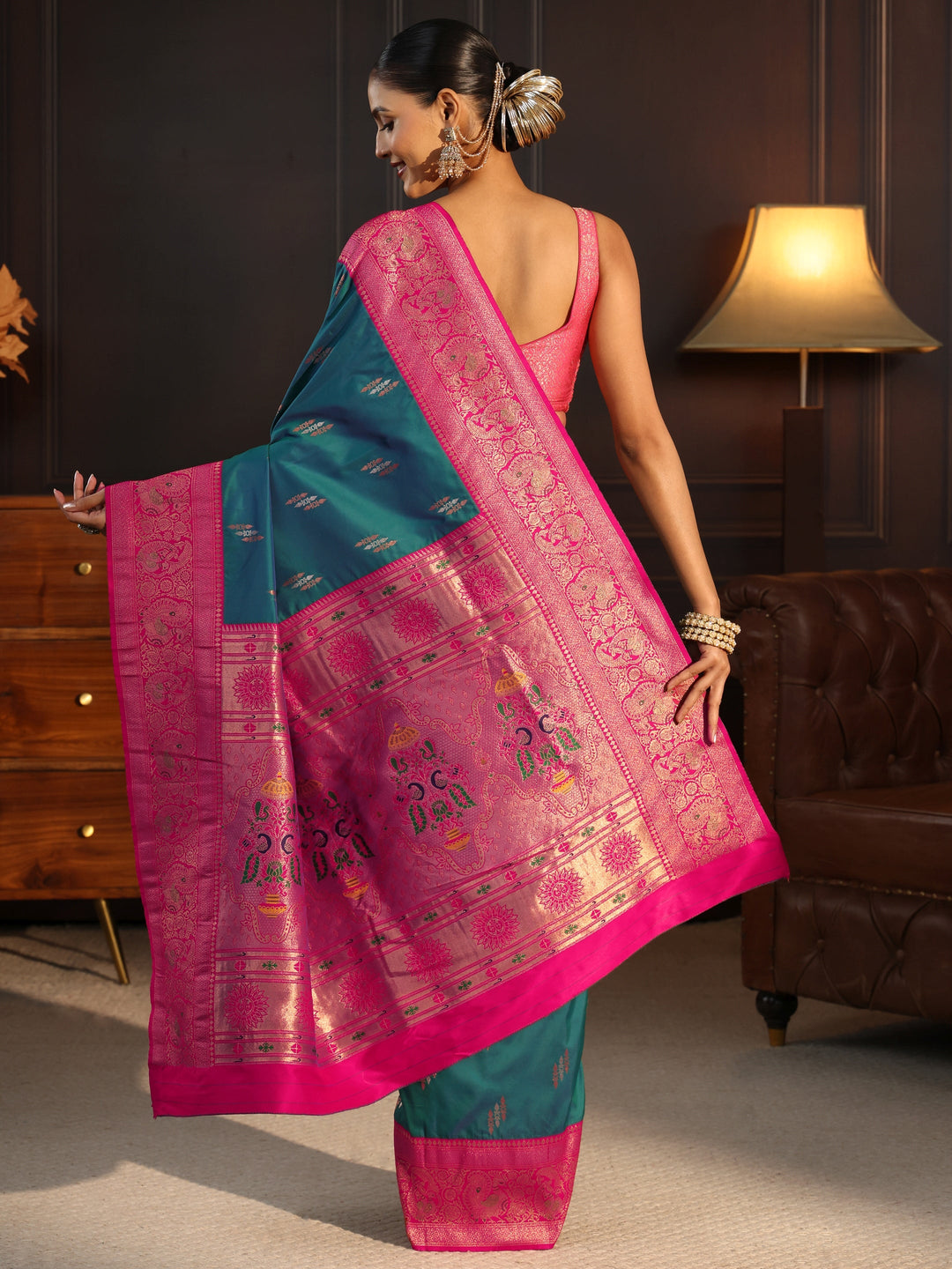  Libas Teal Blue and Pink Silk Blend Paithani Saree 