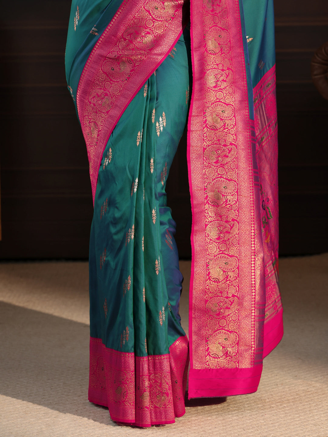  Libas Teal Blue and Pink Silk Blend Paithani Saree 