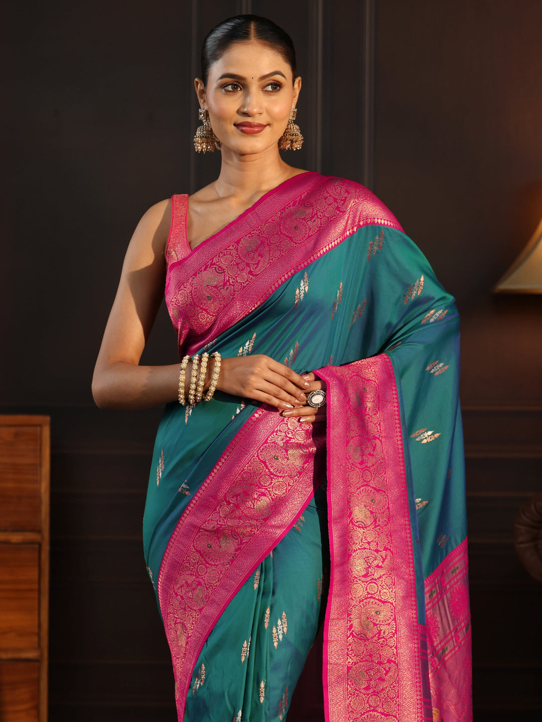  Libas Teal Blue and Pink Silk Blend Paithani Saree 