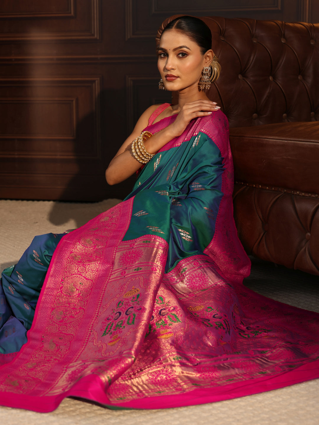  Libas Teal Blue and Pink Silk Blend Paithani Saree 
