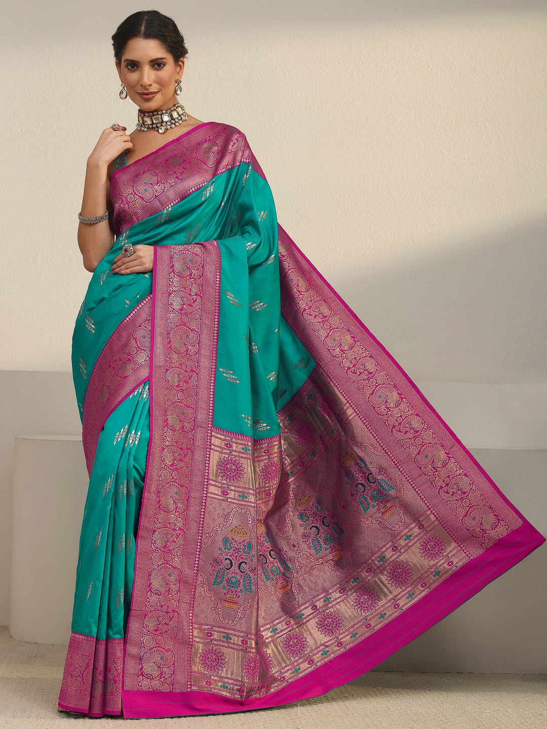  Libas Sea Green and Pink Silk Blend Paithani Saree 