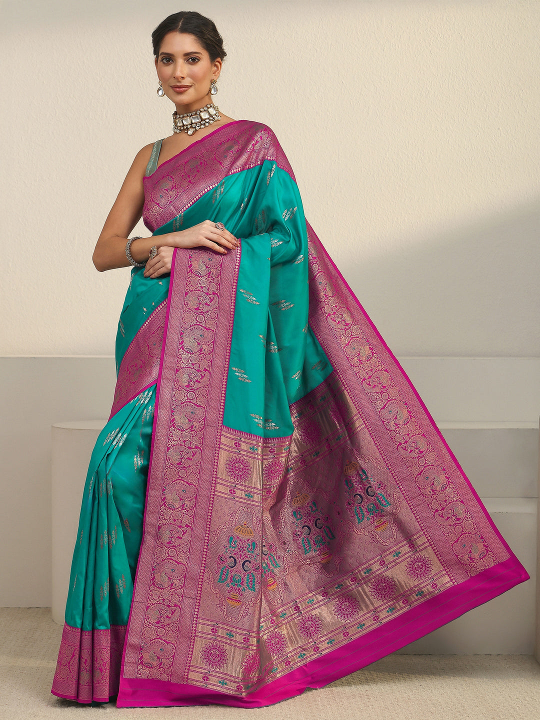  Libas Sea Green and Pink Silk Blend Paithani Saree 
