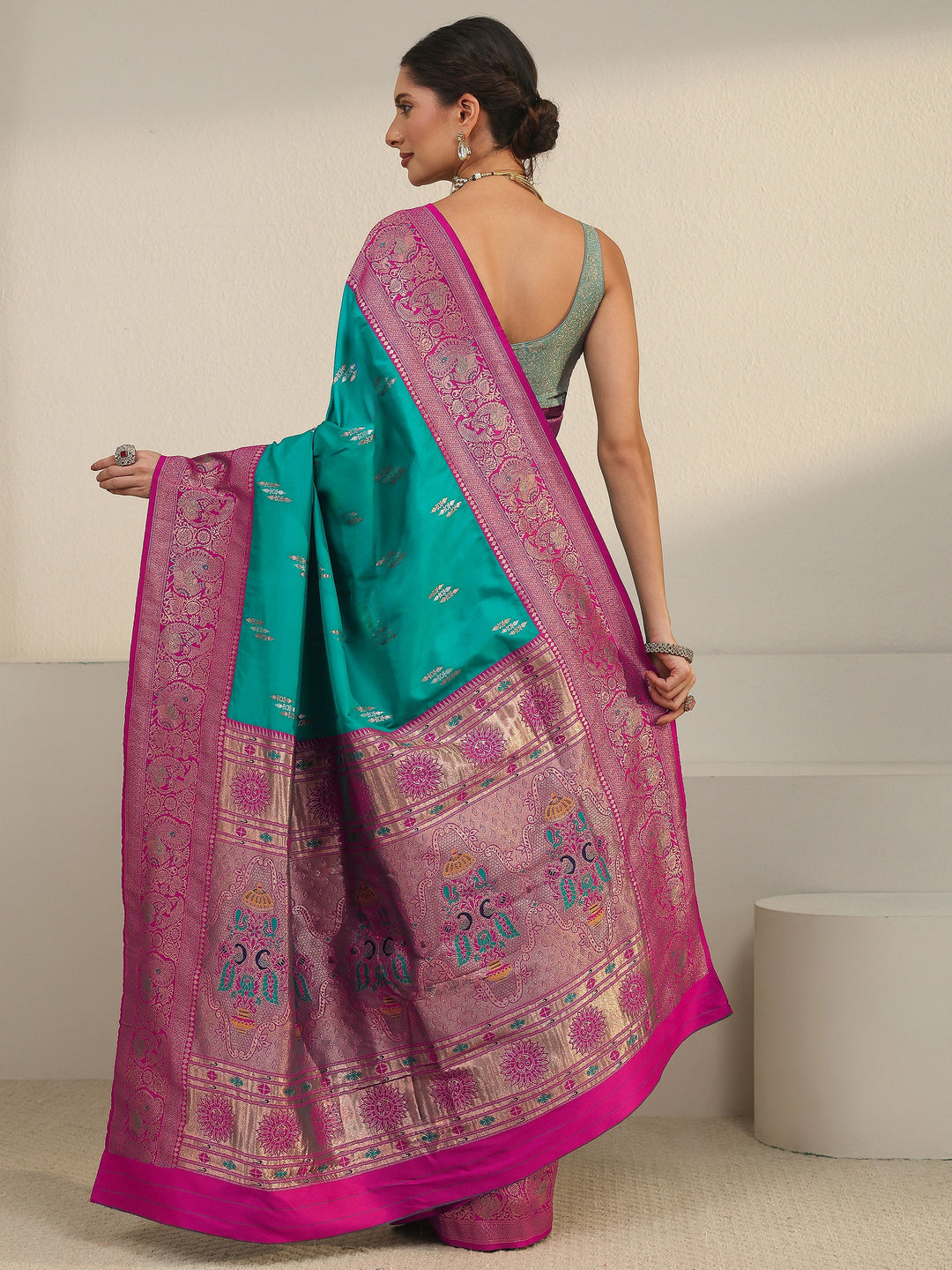  Libas Sea Green and Pink Silk Blend Paithani Saree 