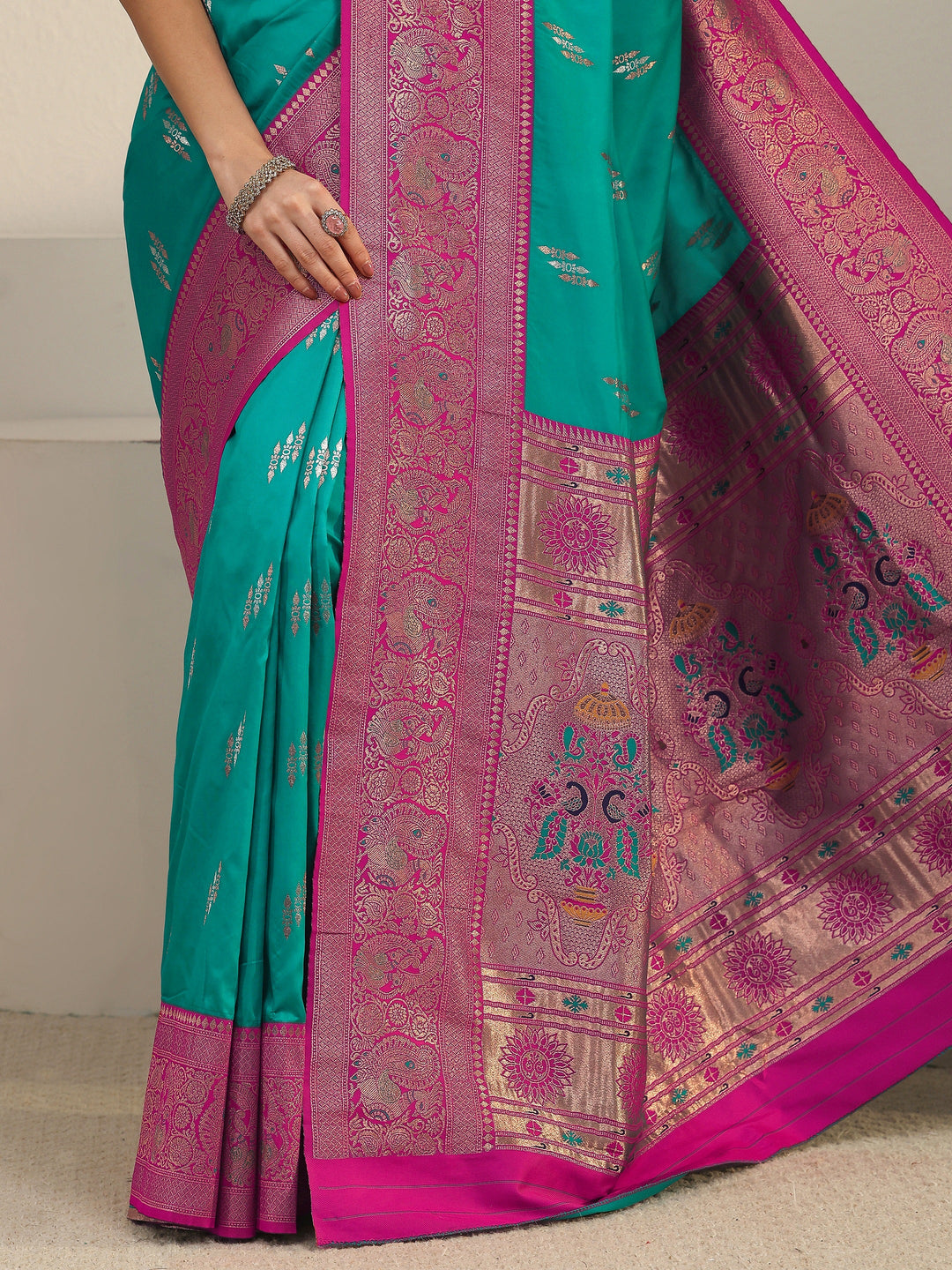  Libas Sea Green and Pink Silk Blend Paithani Saree 