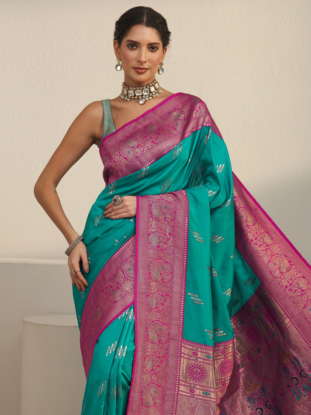  Libas Sea Green and Pink Silk Blend Paithani Saree 