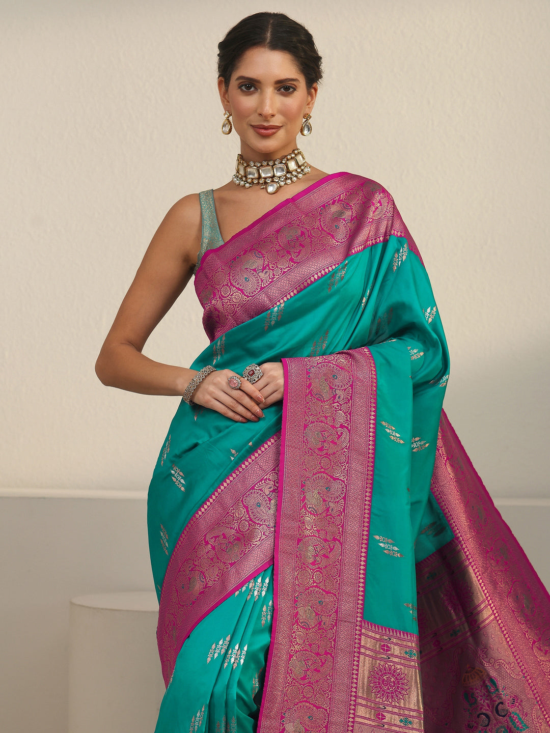  Libas Sea Green and Pink Silk Blend Paithani Saree 