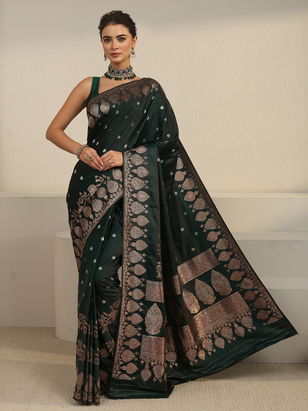  Libas Jungle Green Woven Design Banarasi Satin Saree 
