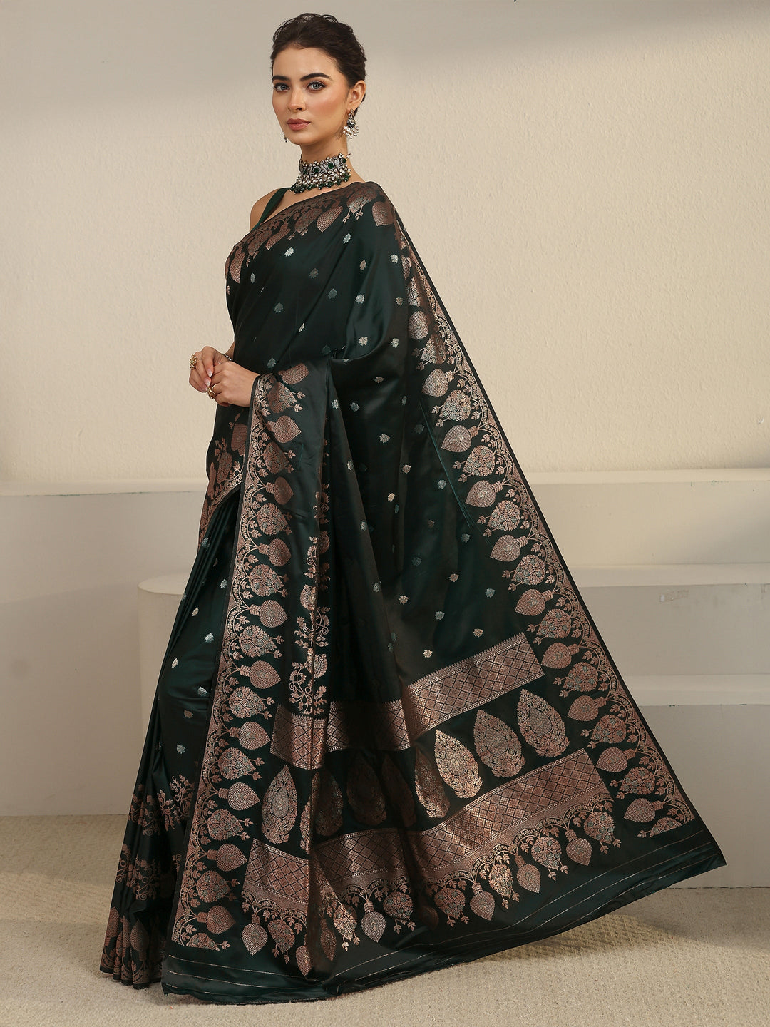  Libas Jungle Green Woven Design Banarasi Satin Saree 