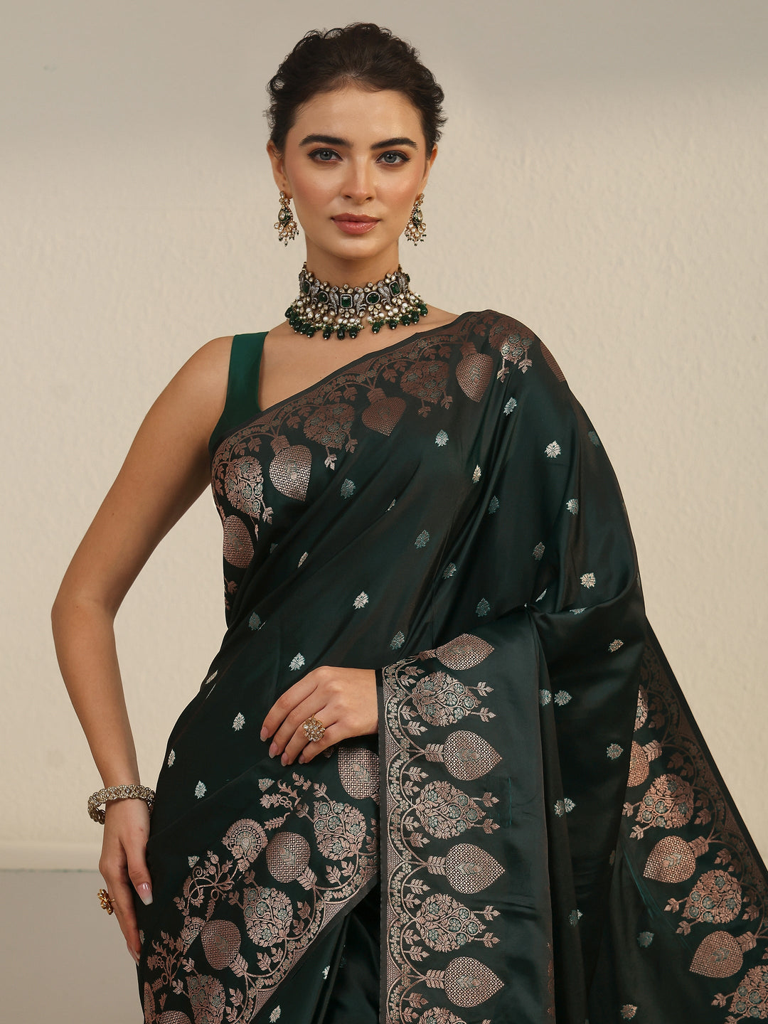  Libas Jungle Green Woven Design Banarasi Satin Saree 