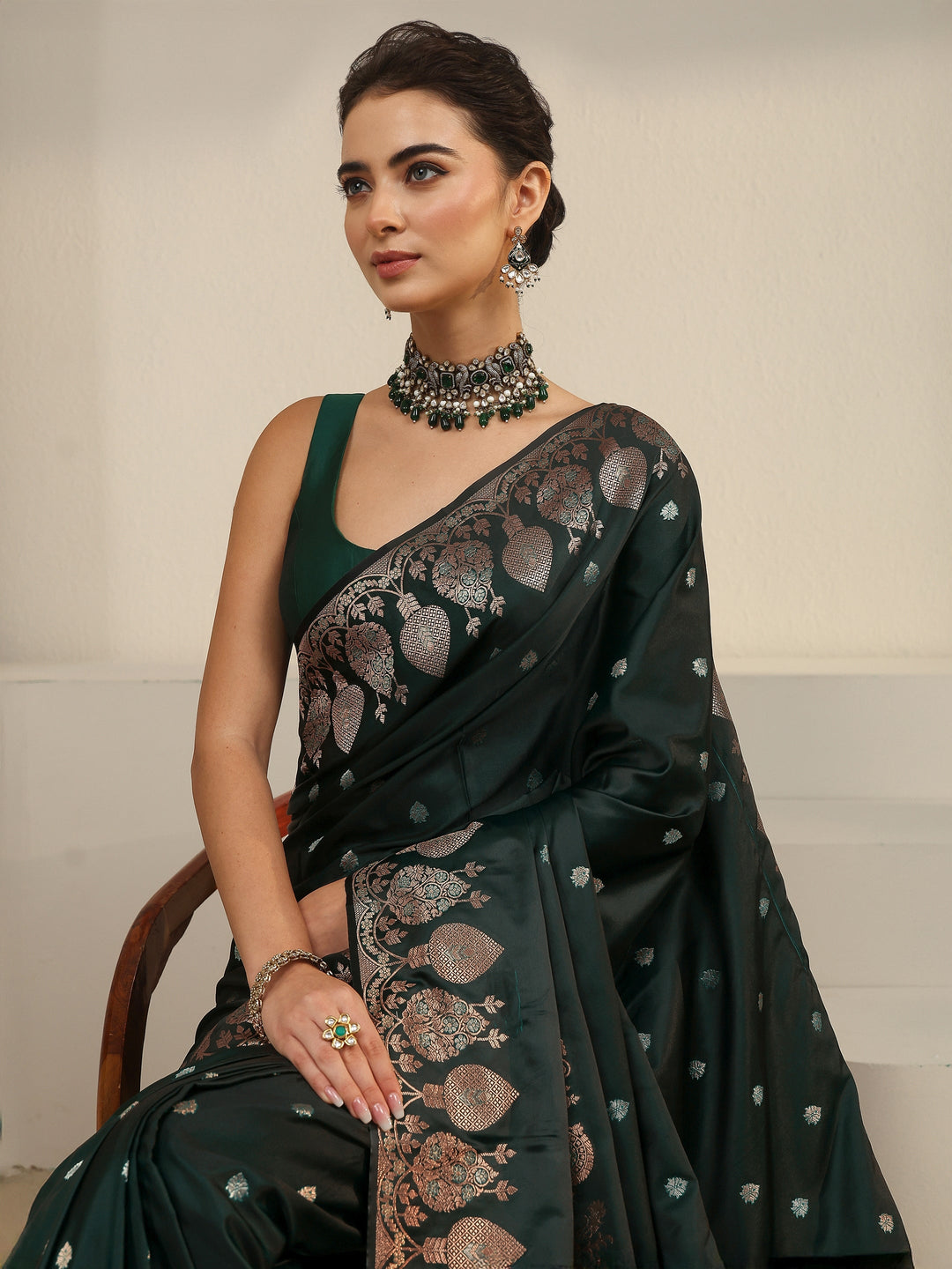  Libas Jungle Green Woven Design Banarasi Satin Saree 