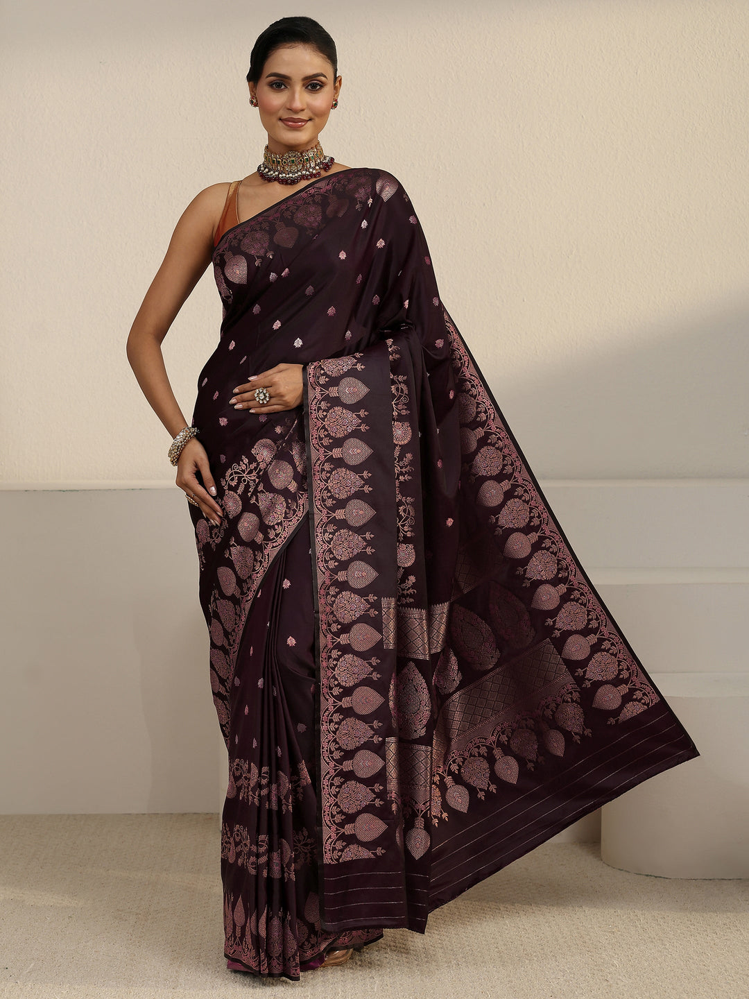  Libas Wine Floral Woven Design Satin Saree 