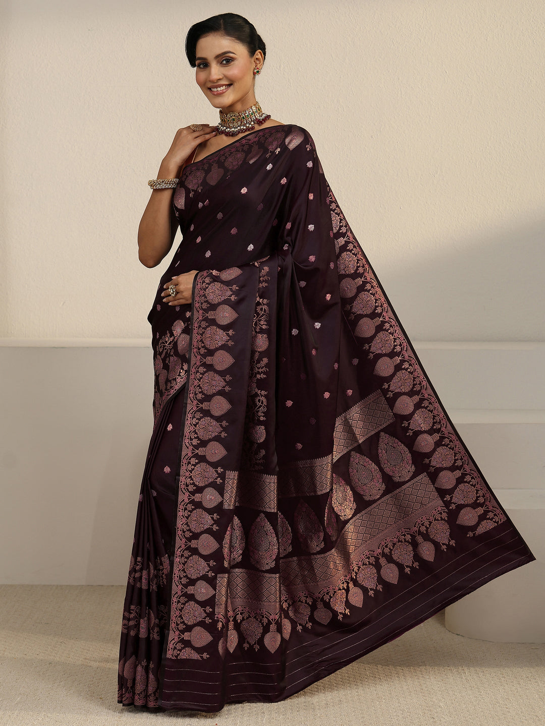  Libas Wine Floral Woven Design Satin Saree 
