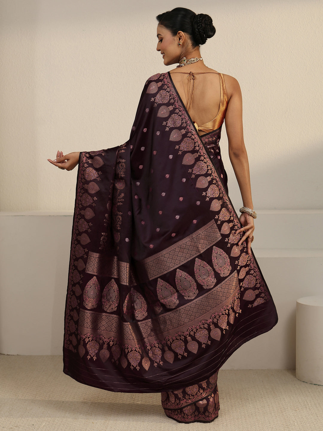  Libas Wine Floral Woven Design Satin Saree 