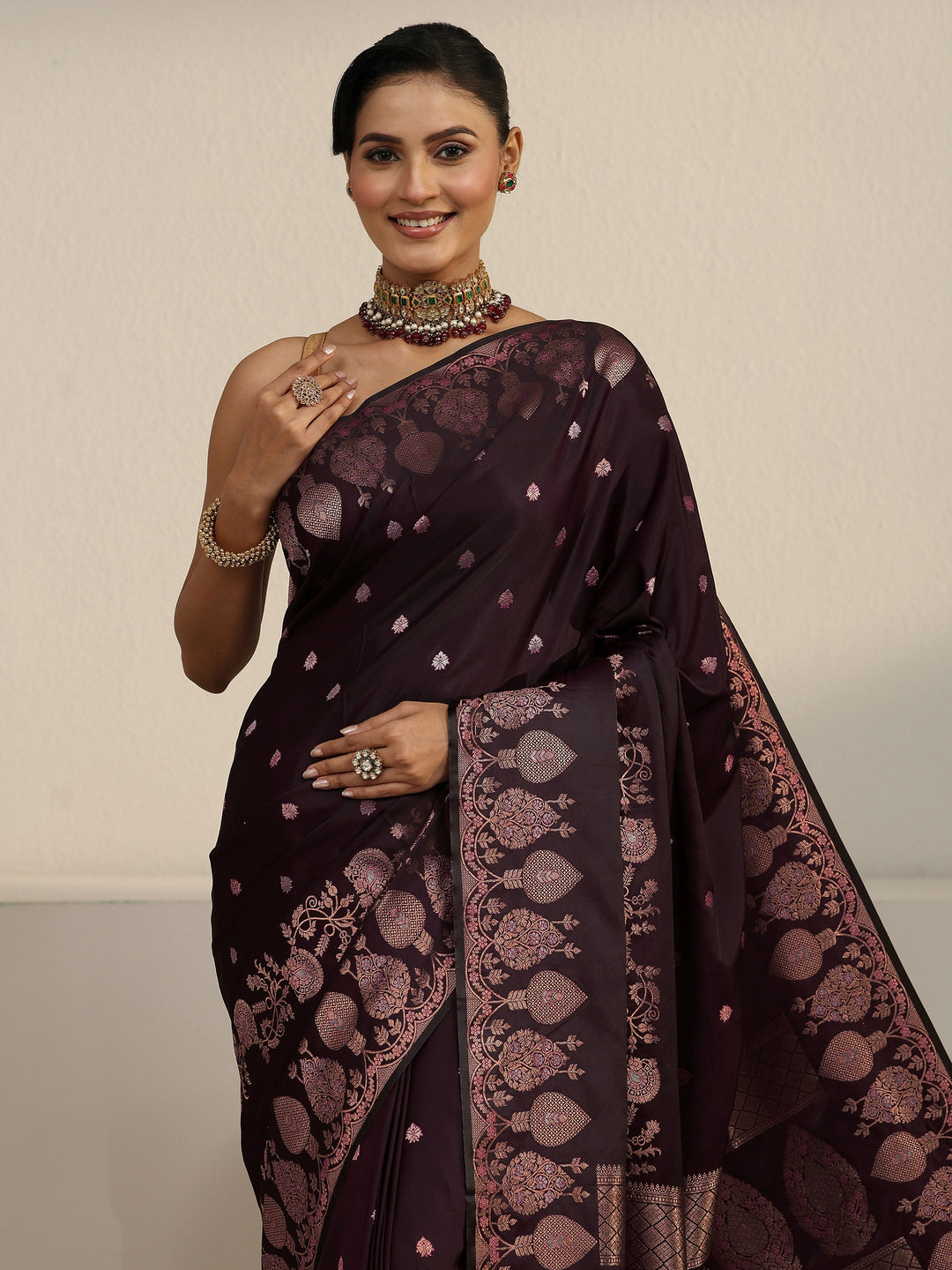  Libas Wine Floral Woven Design Satin Saree 