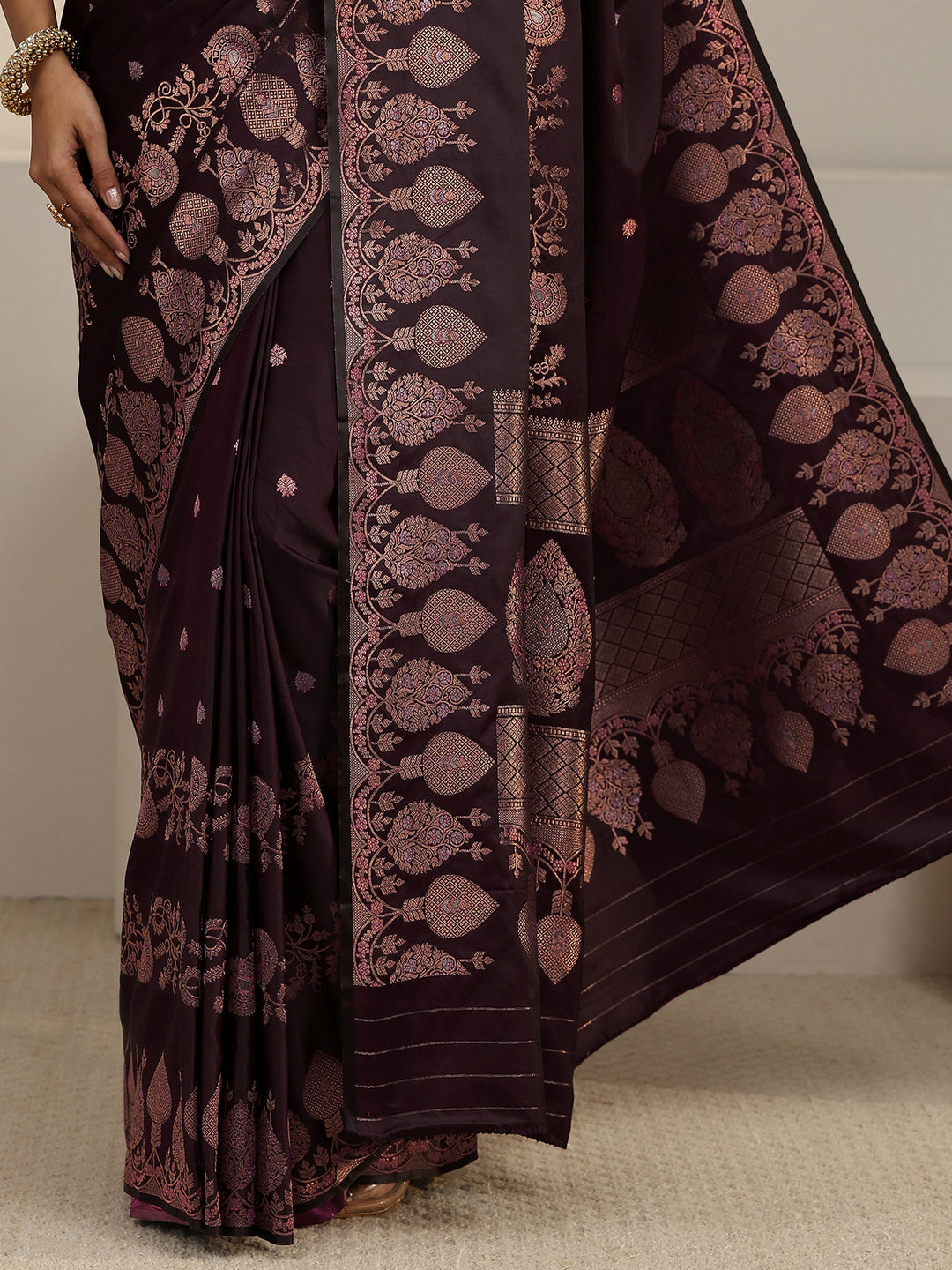  Libas Wine Floral Woven Design Satin Saree 