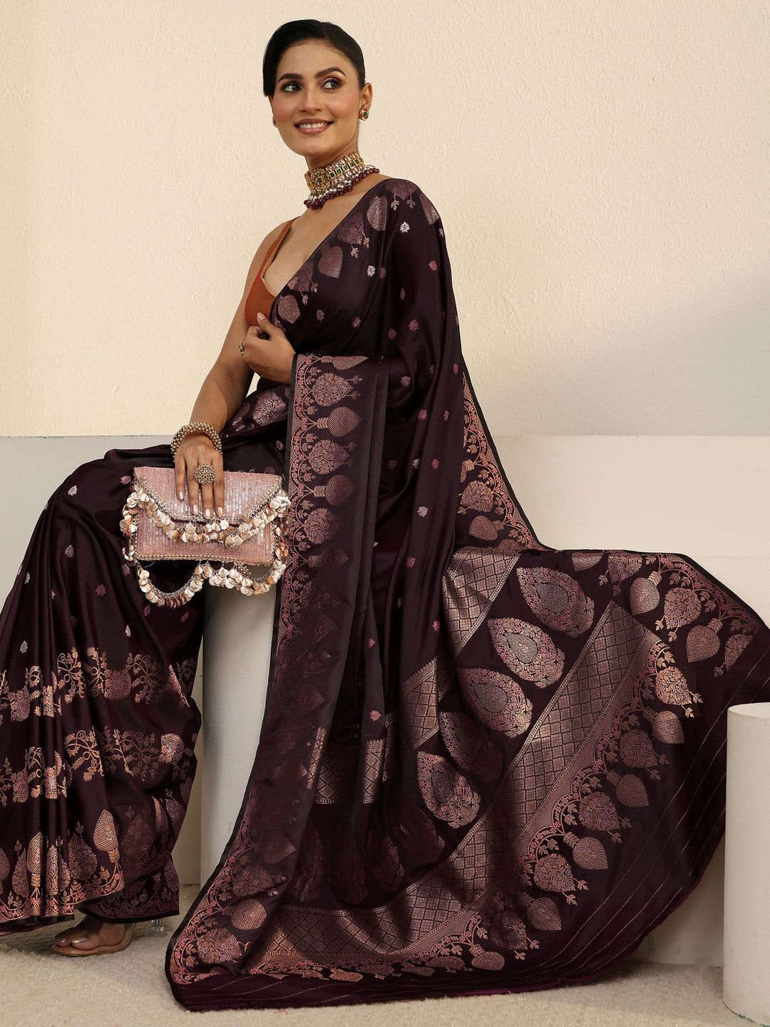  Libas Wine Floral Woven Design Satin Saree 