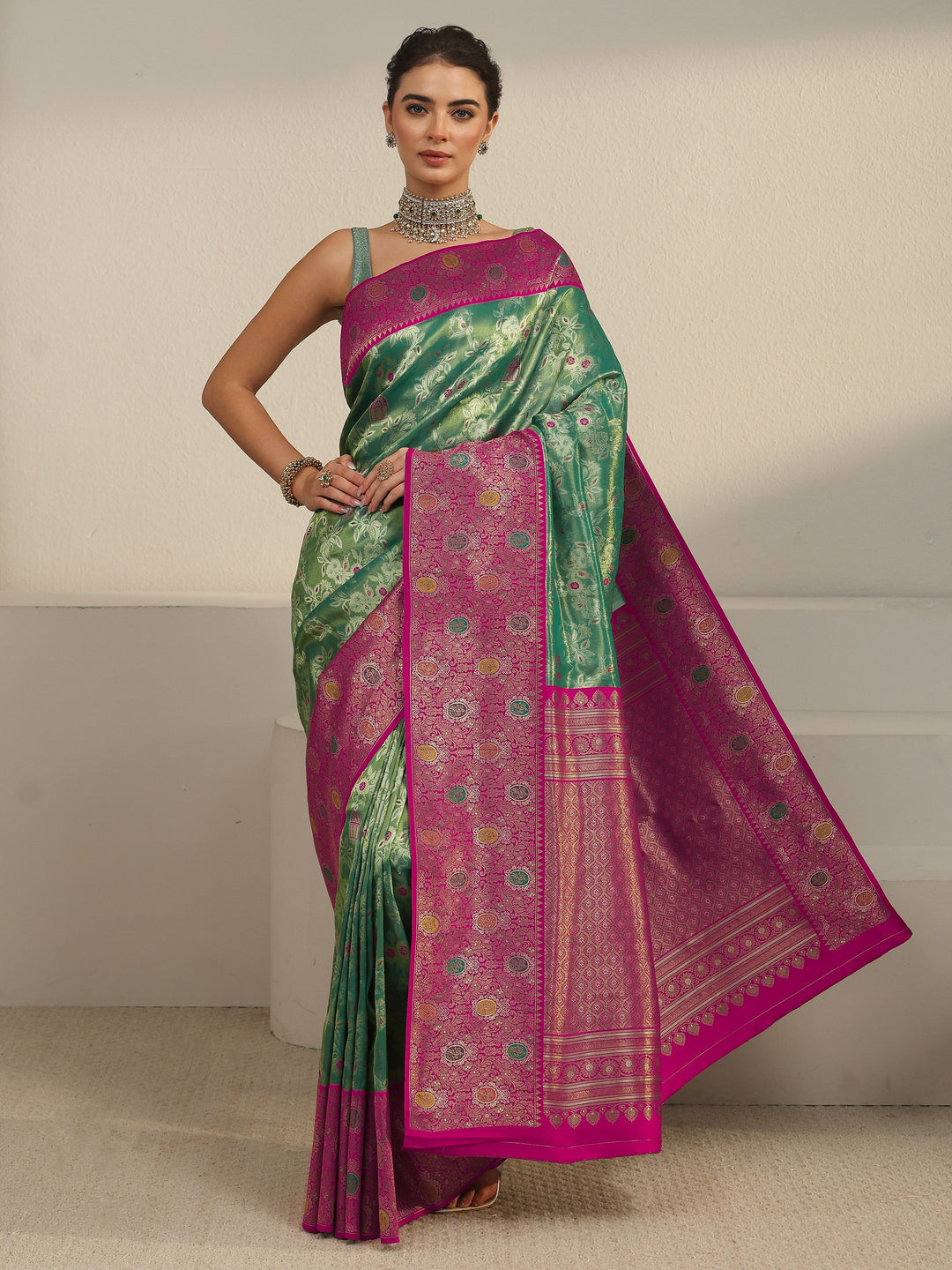  Libas Green and Pink Floral Woven Design Silk Blend Saree 