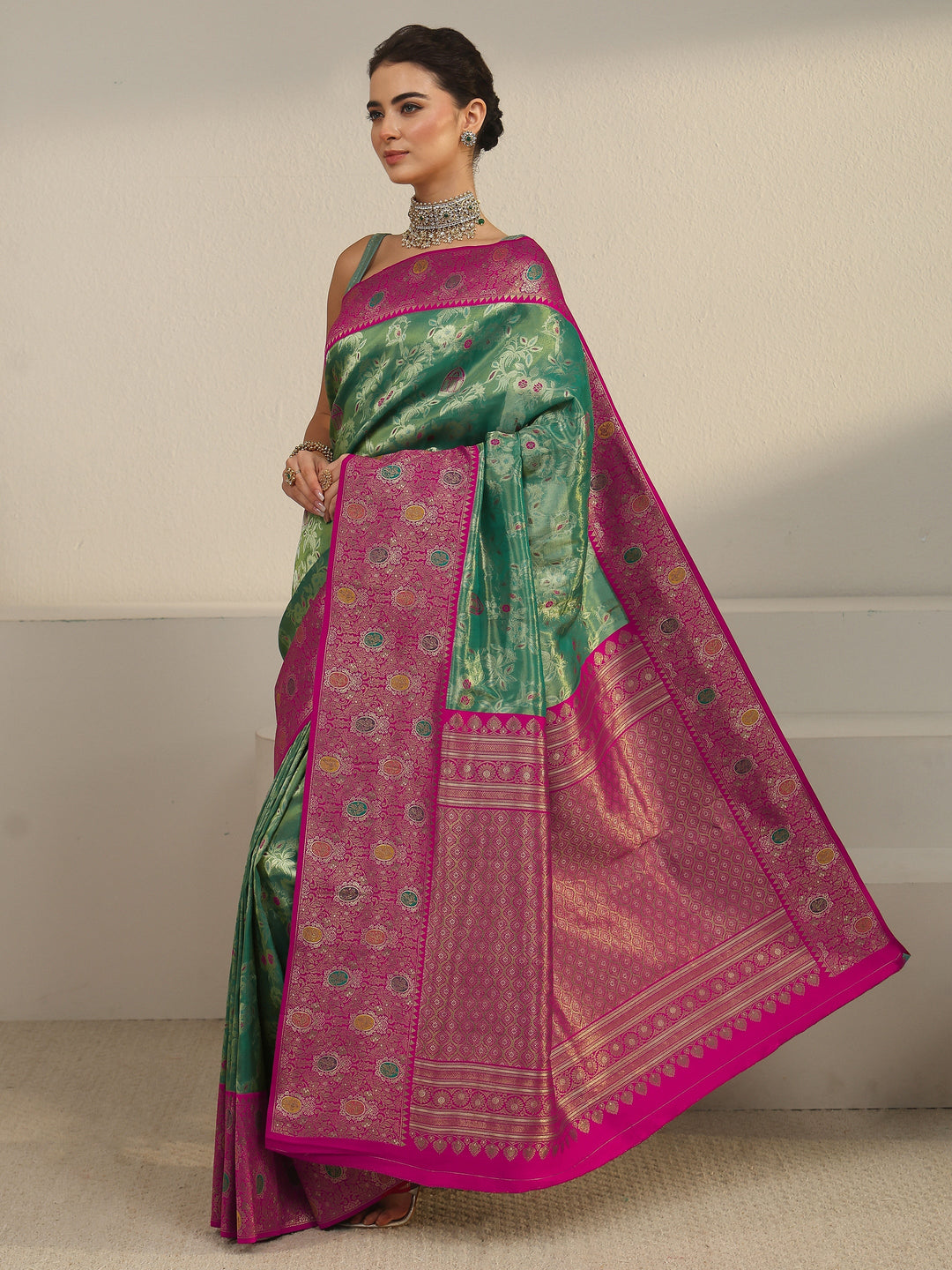  Libas Green and Pink Floral Woven Design Silk Blend Saree 