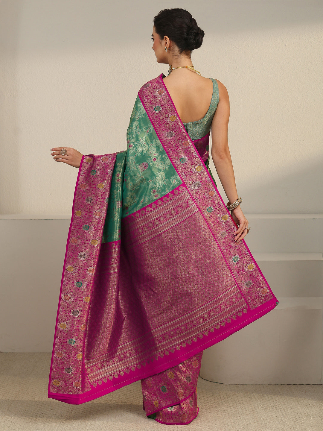  Libas Green and Pink Floral Woven Design Silk Blend Saree 