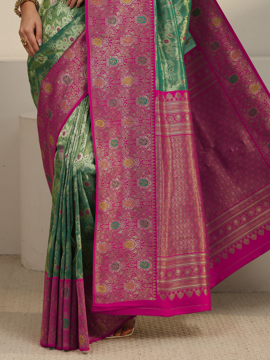  Libas Green and Pink Floral Woven Design Silk Blend Saree 