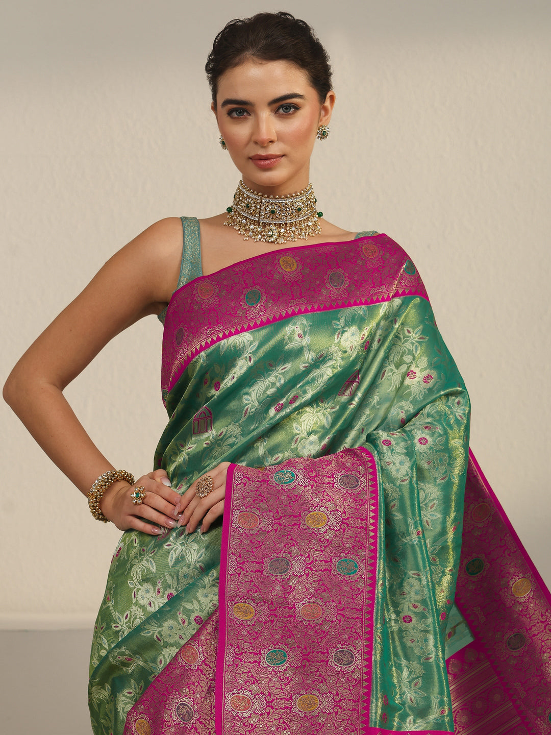  Libas Green and Pink Floral Woven Design Silk Blend Saree 
