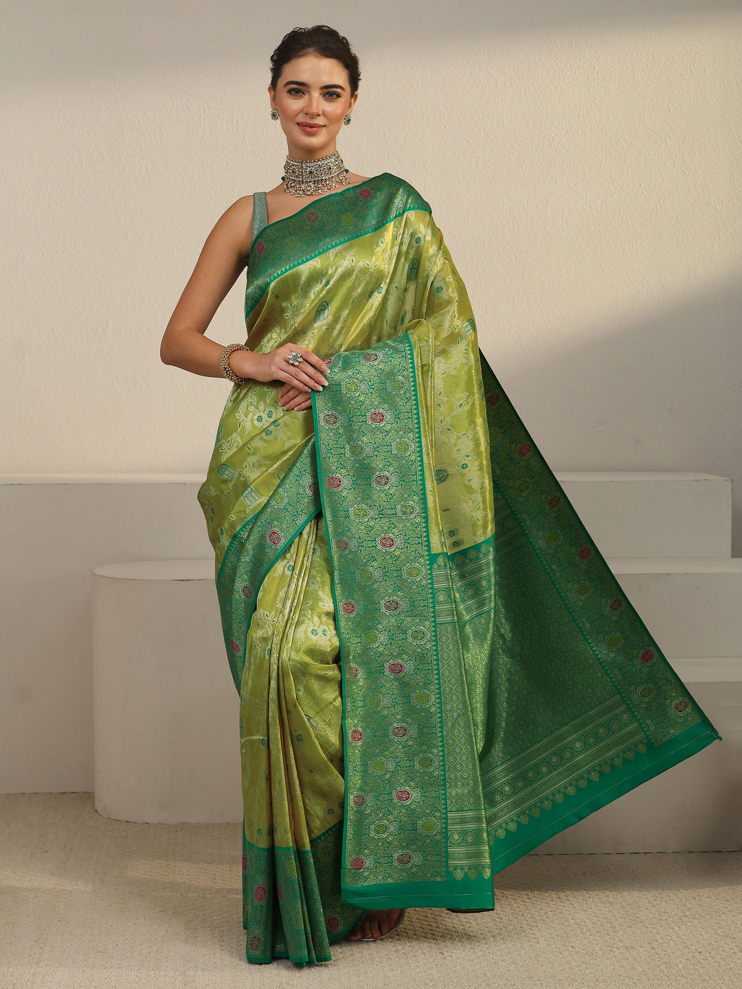  Libas Light Green and Dark Green Floral Woven Design Silk Blend Saree 