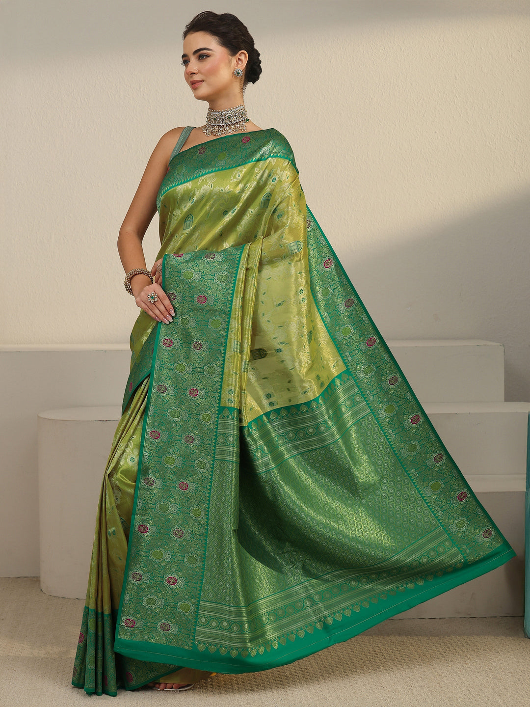  Libas Light Green and Dark Green Floral Woven Design Silk Blend Saree 
