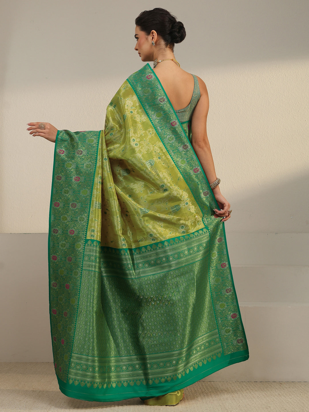  Libas Light Green and Dark Green Floral Woven Design Silk Blend Saree 