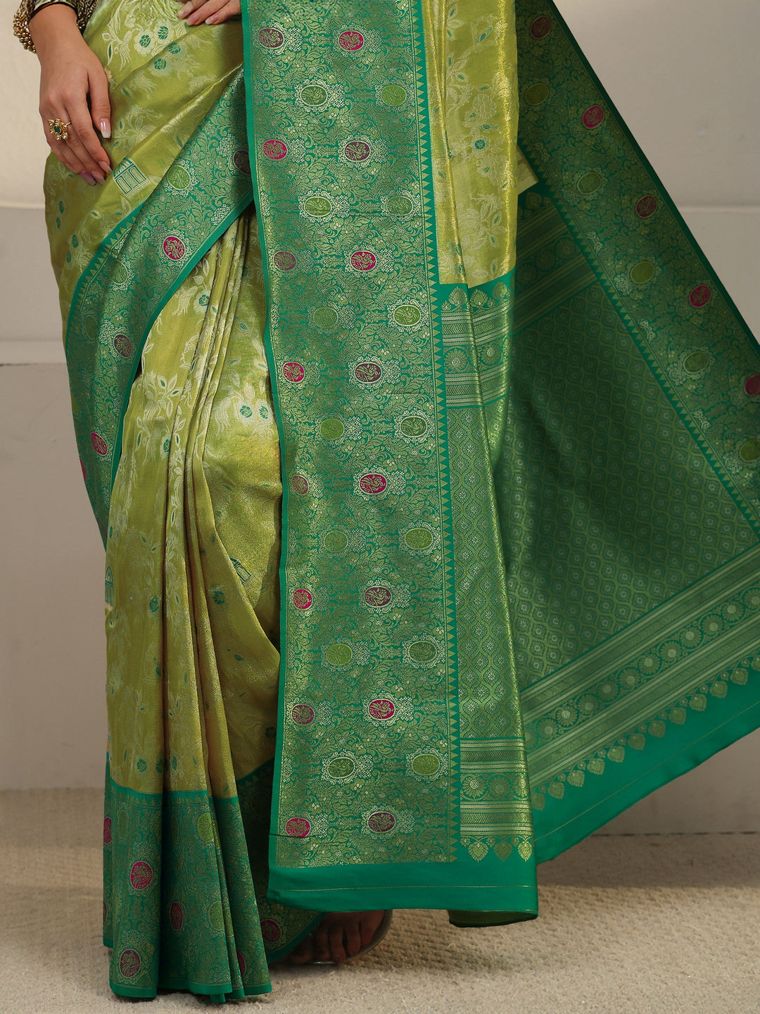  Libas Light Green and Dark Green Floral Woven Design Silk Blend Saree 