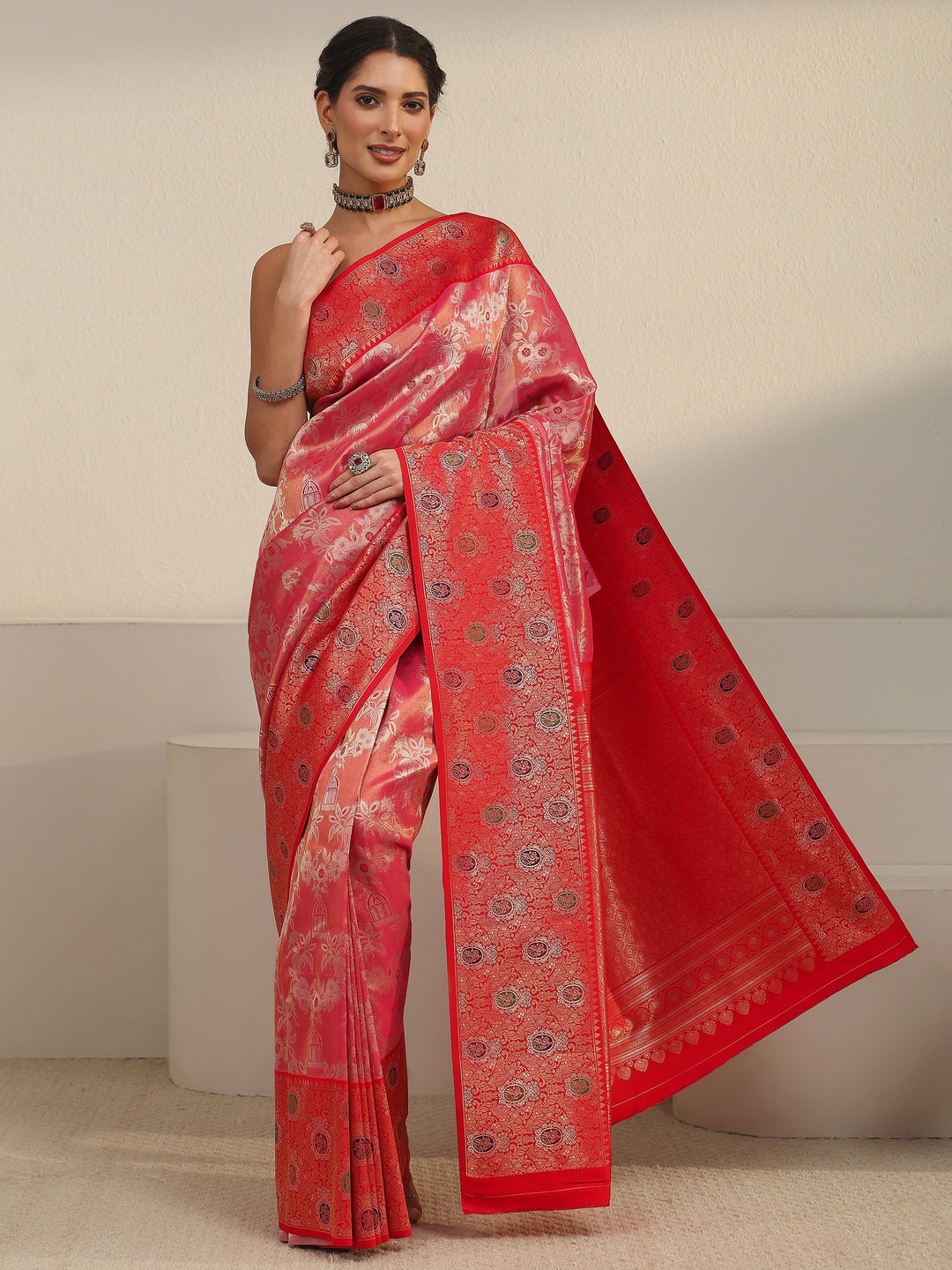  Libas Peach Pink and Red Floral Woven Design Silk Blend Saree 
