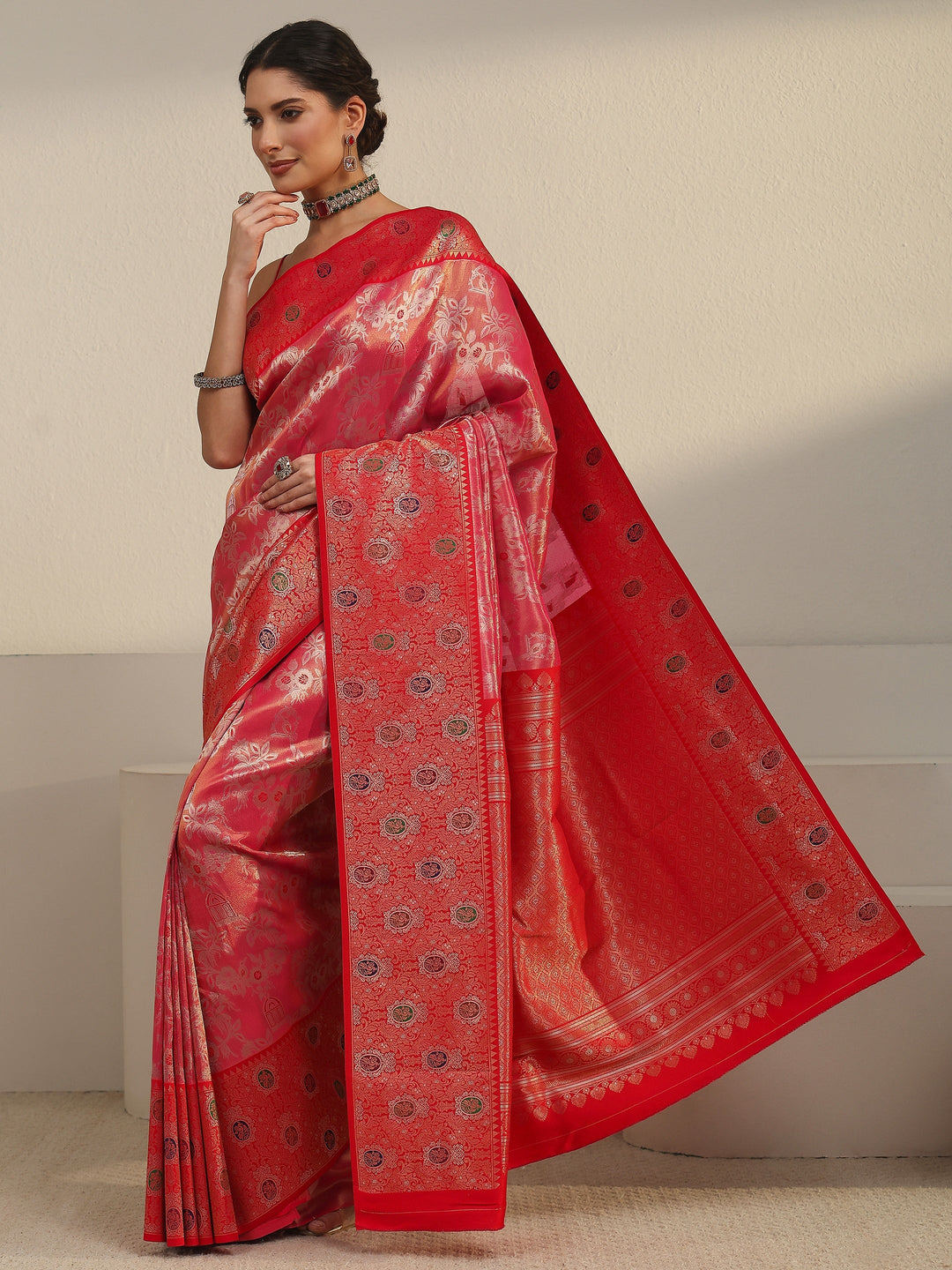  Libas Peach Pink and Red Floral Woven Design Silk Blend Saree 