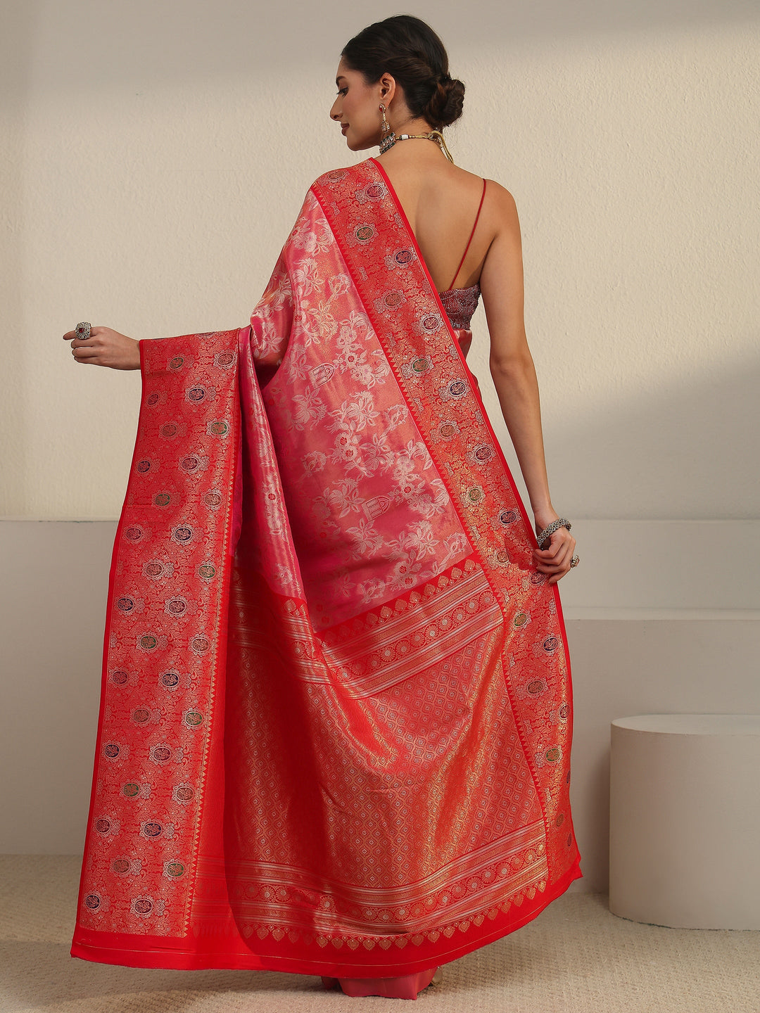  Libas Peach Pink and Red Floral Woven Design Silk Blend Saree 