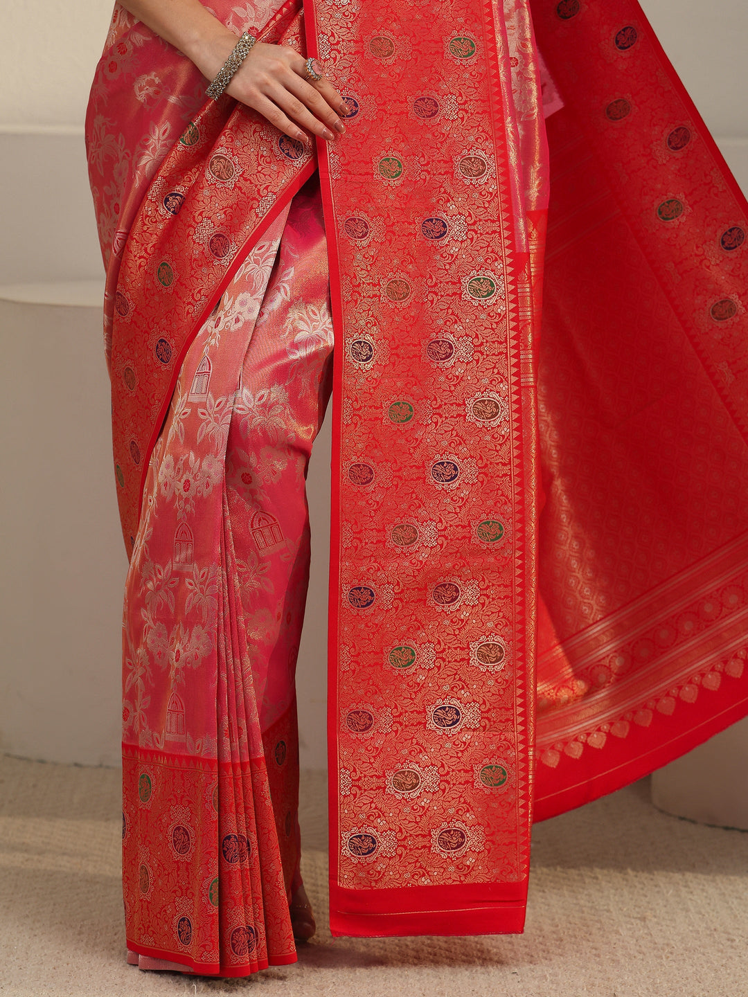  Libas Peach Pink and Red Floral Woven Design Silk Blend Saree 