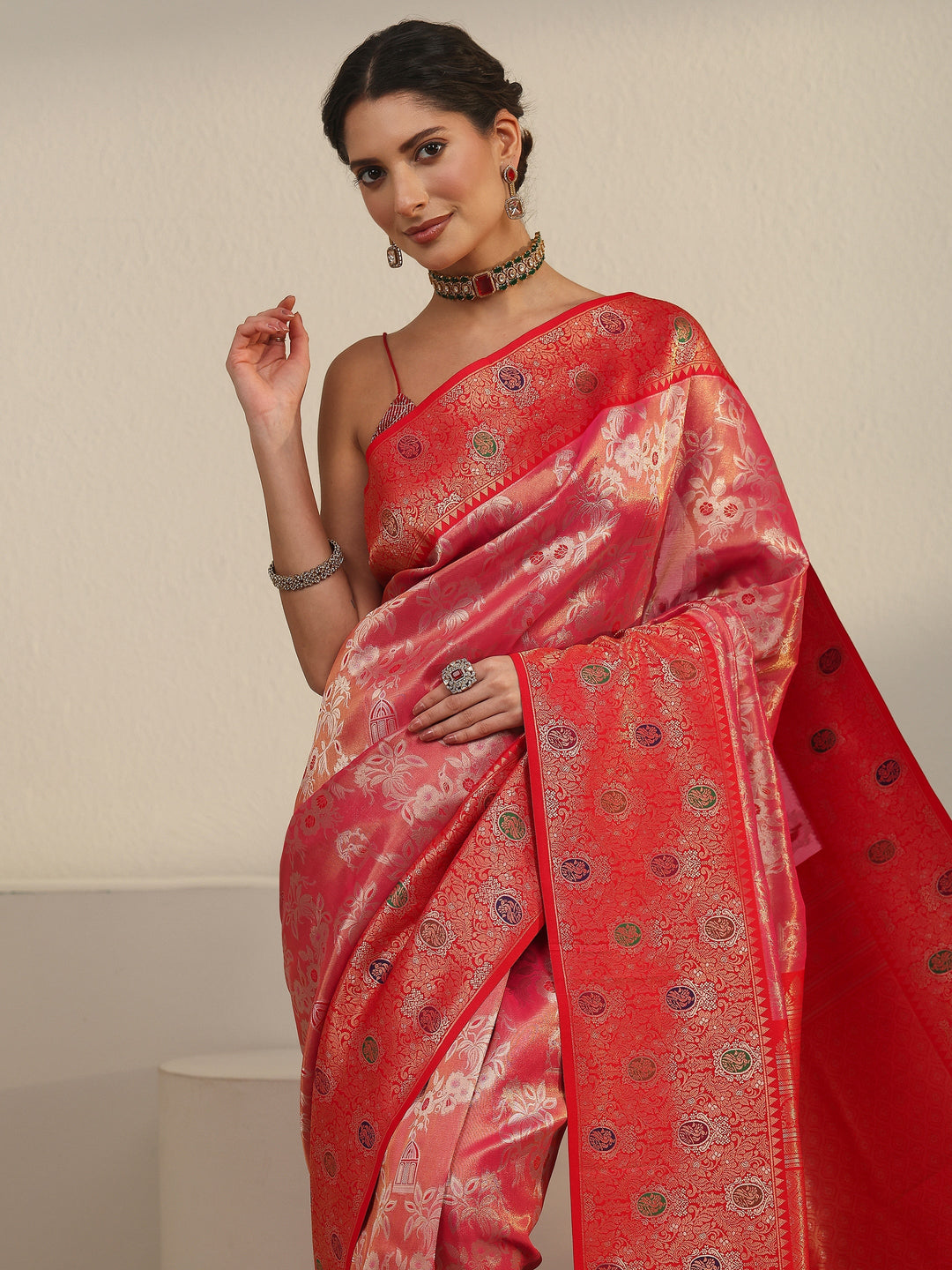  Libas Peach Pink and Red Floral Woven Design Silk Blend Saree 