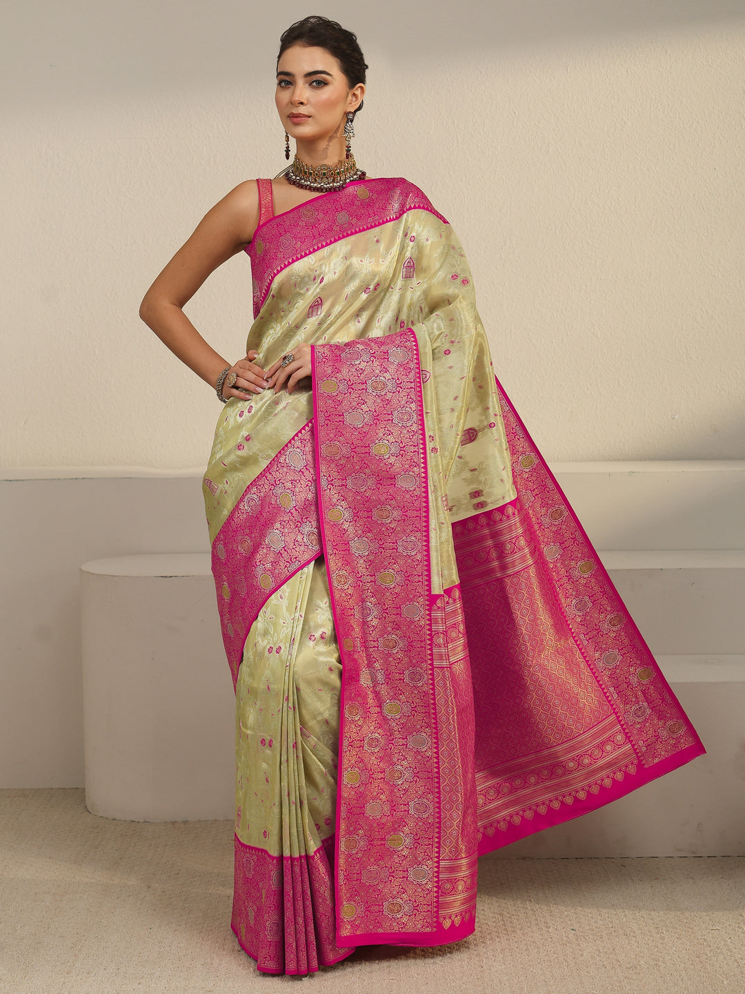  Libas Cream and Pink Floral Woven Design Silk Blend Saree 