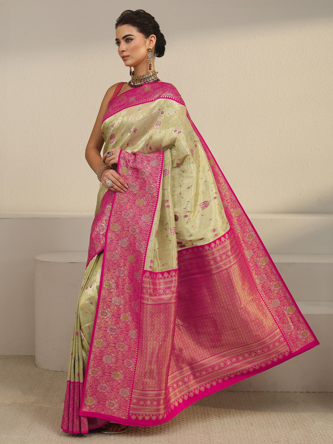  Libas Cream and Pink Floral Woven Design Silk Blend Saree 