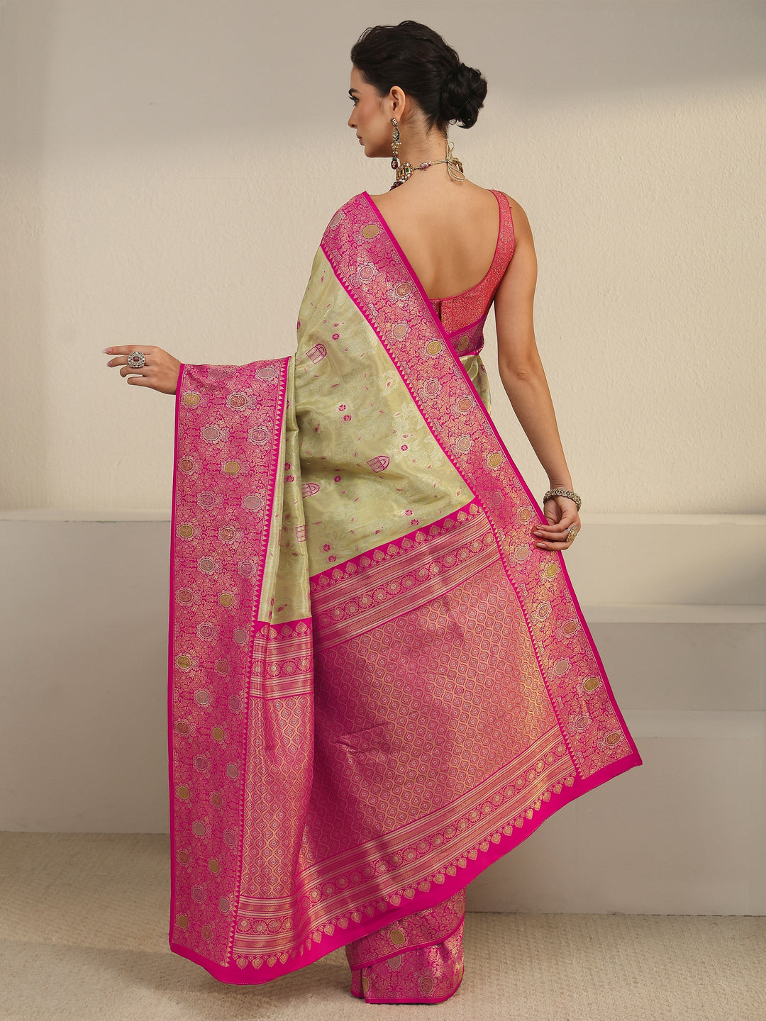  Libas Cream and Pink Floral Woven Design Silk Blend Saree 