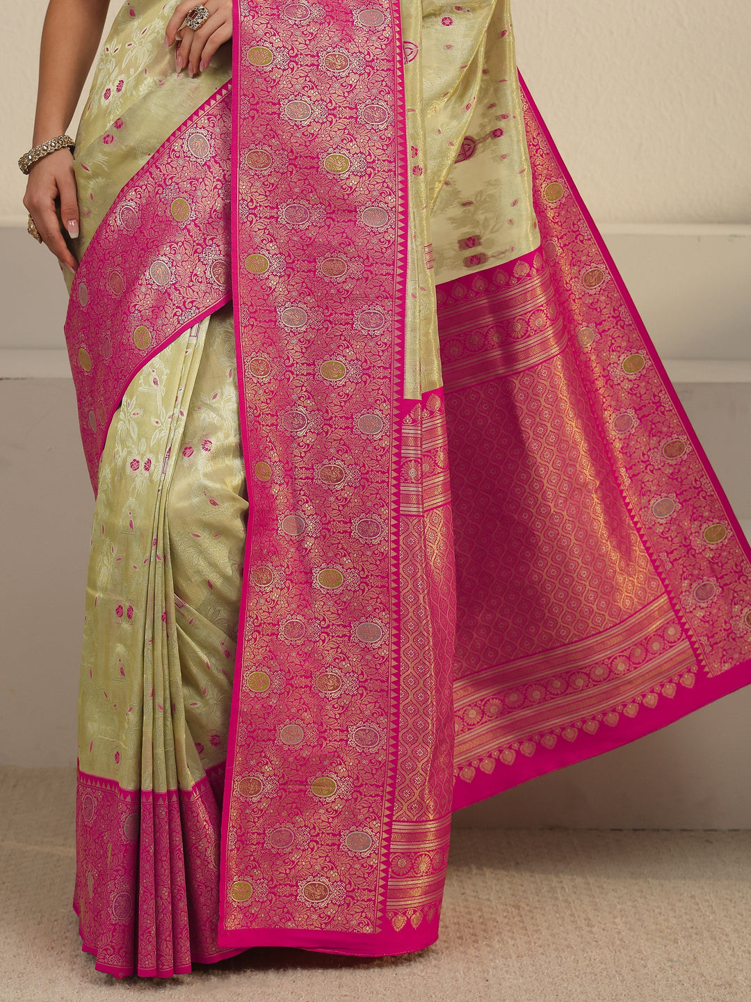  Libas Cream and Pink Floral Woven Design Silk Blend Saree 