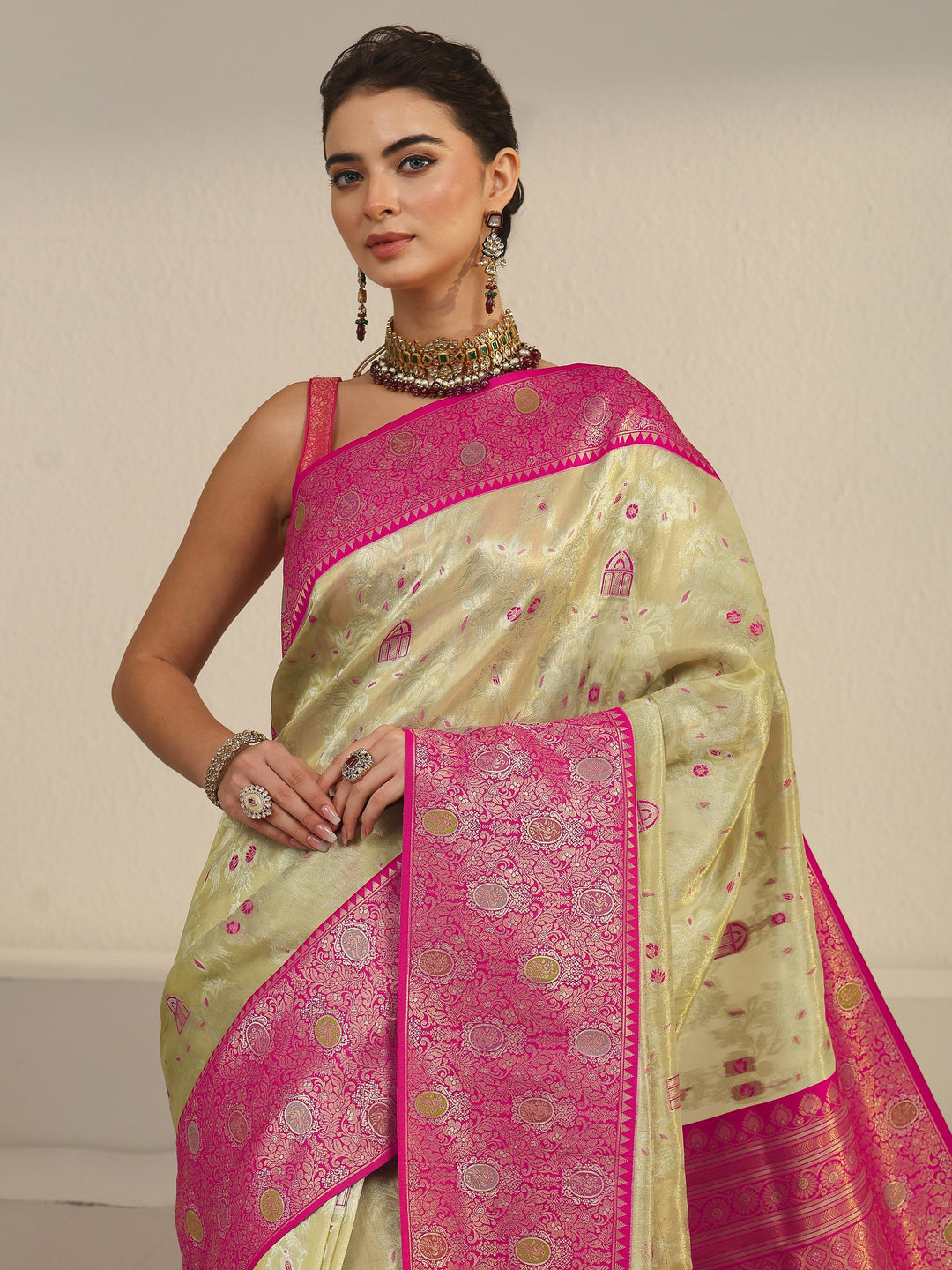  Libas Cream and Pink Floral Woven Design Silk Blend Saree 