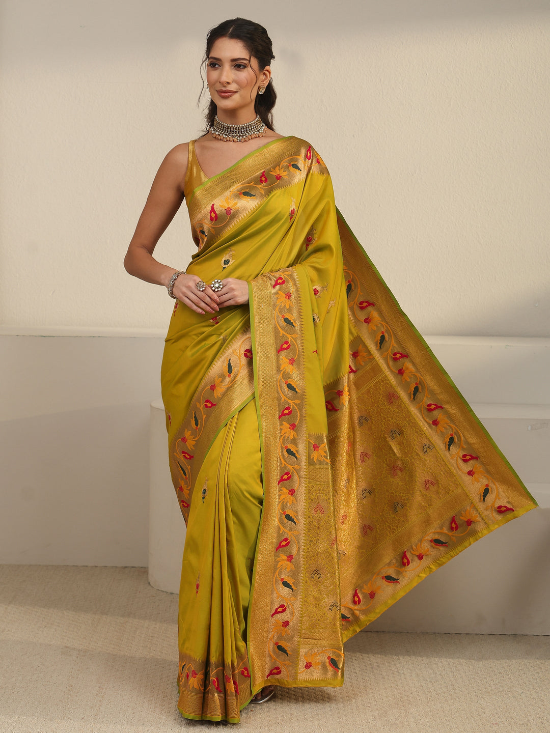  Libas Yellow Green Woven Design Silk Blend Saree 