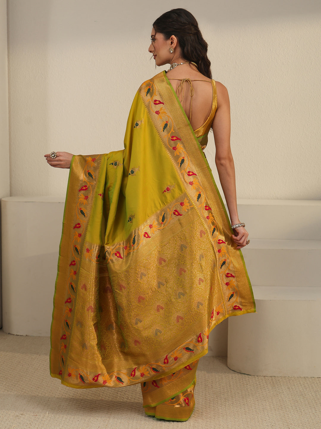  Libas Yellow Green Woven Design Silk Blend Saree 