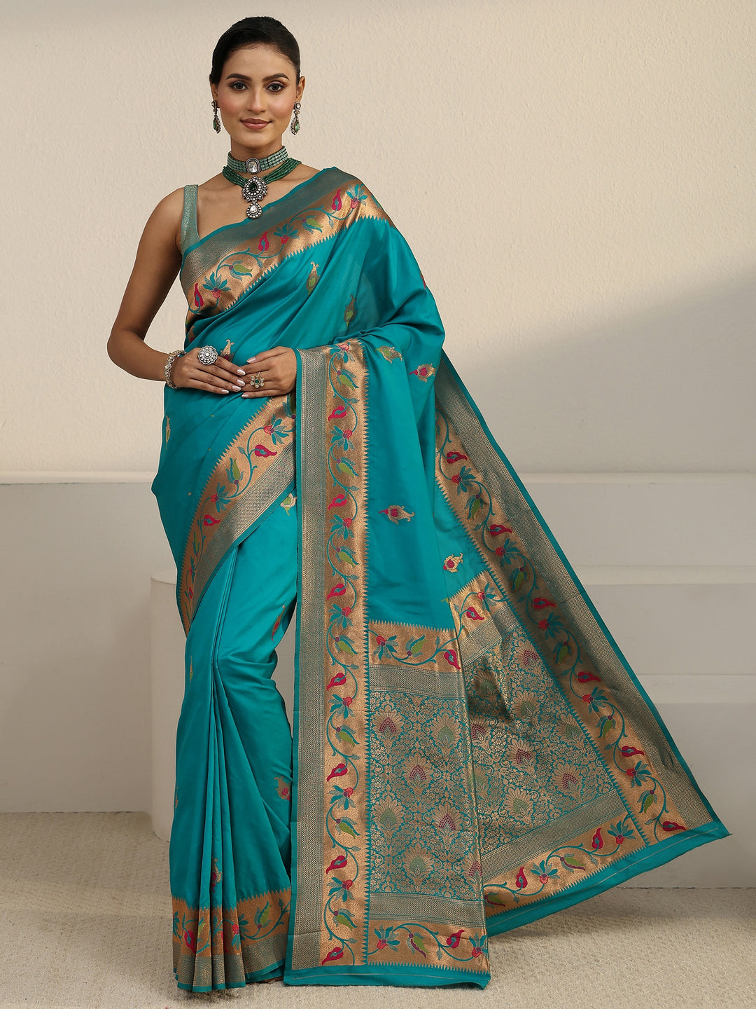  Libas Sea Green Floral Woven Design Silk Blend Saree 